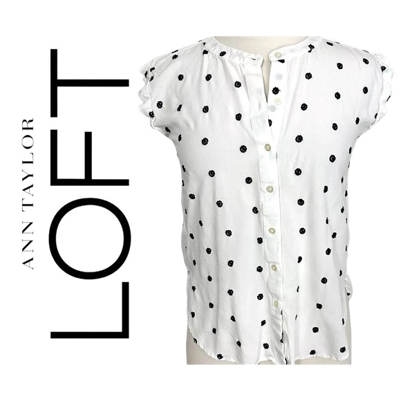 Loft Floral Embroidered Dots Top Cap Sleeve Wrap Pleated Button Up White Navy XS - Picture 12 of 12